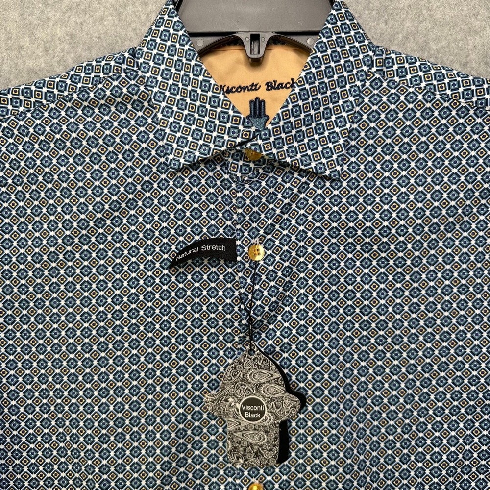 Visconti Black Mens Blue Geometric Natural Stretch‎ Button Down Shirt 5027 Small
